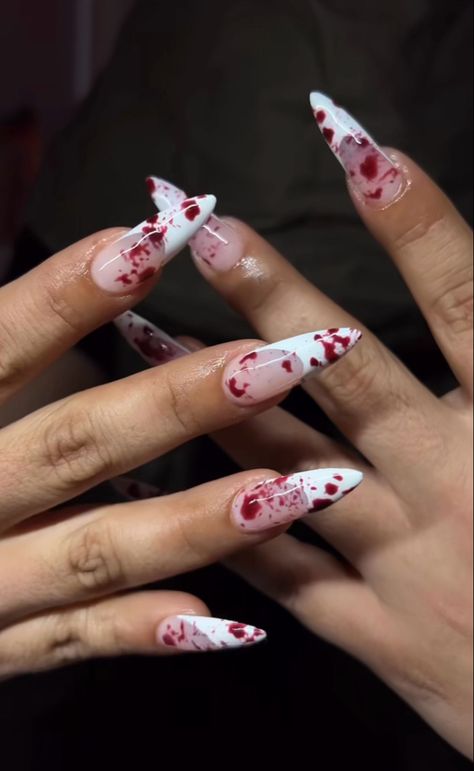 By @antajahdidthem Halloween Nails Blood Splatter, Redrum Nails, Halloween Nails Blood, Gore Nails, Blood Splatter Nails, Skeleton Nails, Blood Nails, Gel X Nail, Splatter Nails