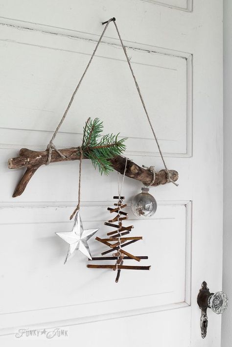 rustic twig Christmas tree ornament on a branch / http://funkyjunkinteriors.net Twig Christmas Tree, Diy Christmas Ornaments Easy, Diy Christmas Ornament, Diy Christmas Decorations, Christmas Decorations For The Home, Rustic Christmas Tree, Easy Christmas Diy, Christmas Decorations Rustic, Christmas Decorations Ornaments