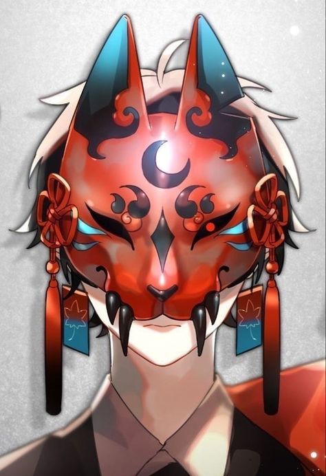 Oc Mask Ideas Drawing, Japanese Kitsune Mask Art, Mask Art Reference, Anime Mask Design Ideas, Anime Character With Mask, Wolf Mask Anime, Masked Anime Character, Anime Mask Design, Kitsune Mask Drawing