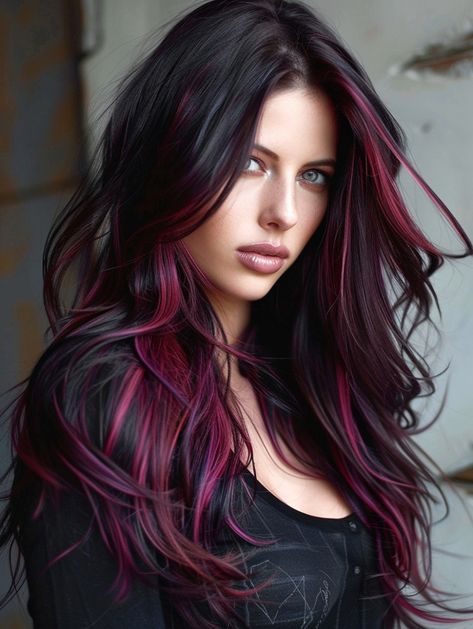 Colored Highlights For Dark Brown Hair, Red And Burgundy Hair, Burgundy Hair With Highlights, Dark Fall Hair Colors, Summer Hair Color Ideas, Burgundy Highlights, Dark Fall Hair, Cherry Red Hair, Brunettes Highlights