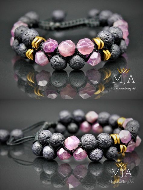 Stone Bracelet Patterns, Stone Bracelet Ideas, Healing Bracelet With Gemstone Beads And Lava Stone, Crystal Bracelet, Healing Lava Stone Beaded Bracelets, Handmade Spiritual Lava Stone Beaded Bracelets, Amethyst Crystal Bracelet, Men Stone Bracelet, Adjustable Hand-strung Lava Stone Bracelet