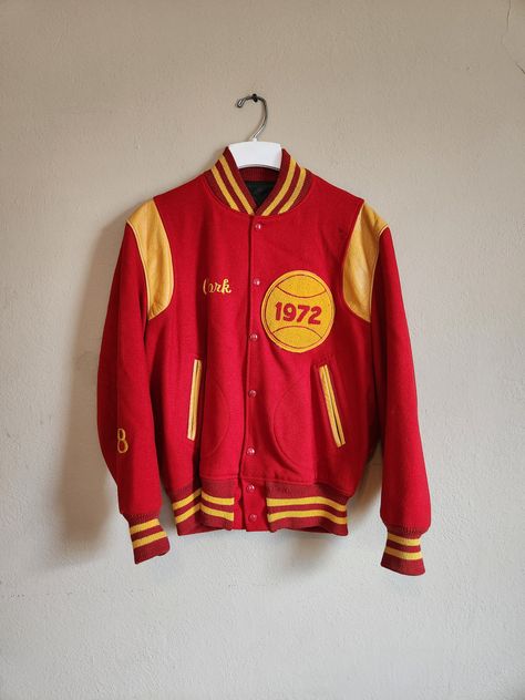 Wool and leather As is, has some moth damage throughout Shoulders 20 Chest 48 Sleeve 25 CB 27 Vintage Letterman Jacket, Letterman Jacket, Coach Jacket, Red Wool, Gold Leather, Kingston, Moth, Varsity Jacket, Fitness Fashion