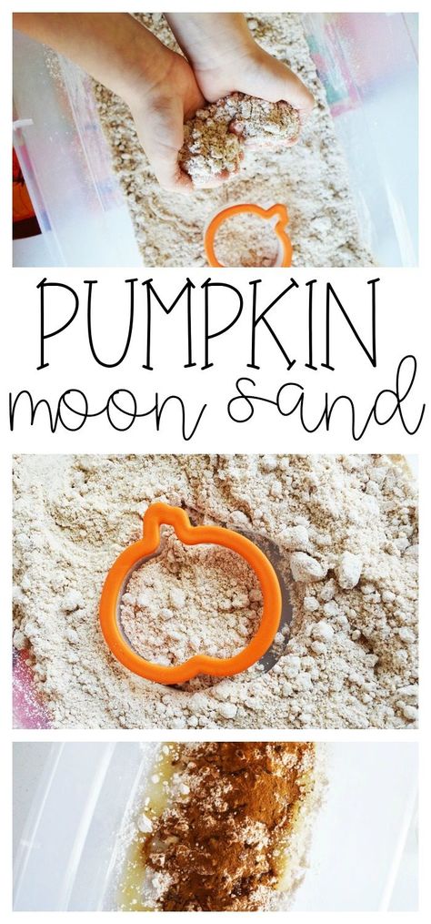 Create this fun Pumpkin Moon Sand for your little ones to dig and play in. Mine LOVED this, and it smelled so yummy! Such a fun activity for Fall. Moon Sand Recipe, Pumpkin Preschool, Sand Recipe, Pumpkins Preschool, Fall Activities For Toddlers, Sands Recipe, Table Activities, Storytime Ideas, Pumpkin Moon