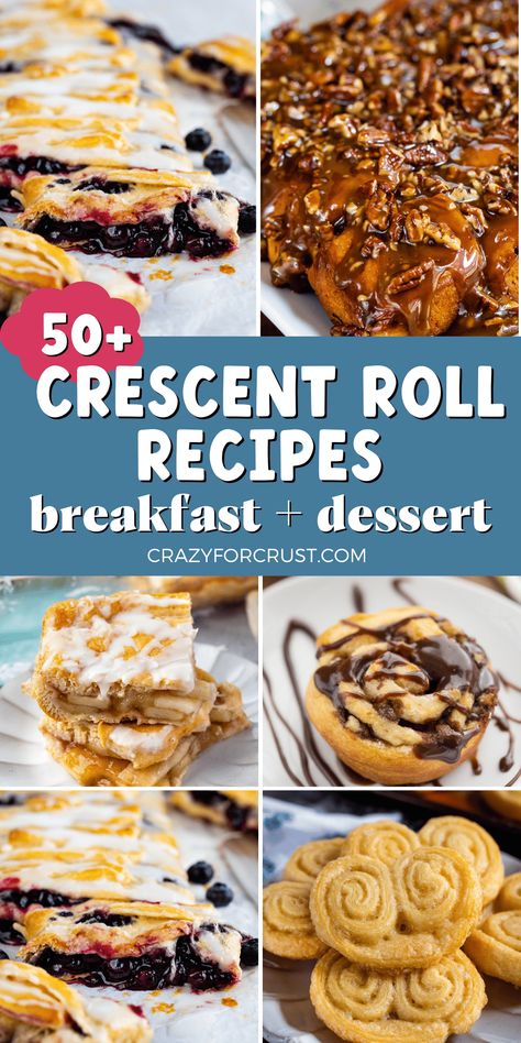 Over 50 Pillsbury Crescent Roll Recipes - recipes for breakfast and dessert made with crescent rolls Dessert Recipes Crescent Rolls, Creasant Roll Recipes, Recipes With Crescent Rolls, Crescent Desserts, Pillsbury Crescent Recipes, Crossiant Recipes, Easy Crescent Roll Recipes, Crescent Roll Recipes Dessert, Pillsbury Crescent Roll Recipes