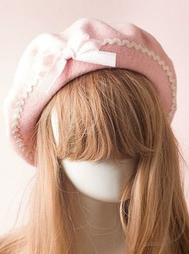 White Beret, French Beret, Paris Style, Lavender Dresses, Beret Hat, Sweet Lolita, Pink Brown, Pink Bow, Pink Ribbon