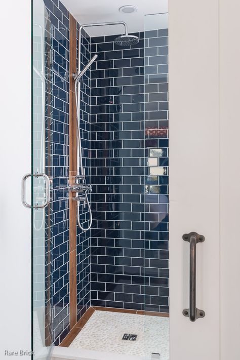 Navy Subway Tile, Beach House Rooms, Boy Bathroom Ideas, Wood Tile Shower, Beach House Room, Boutique Hotel Room, Subway Tile Showers, Dallas House, Pebble Floor