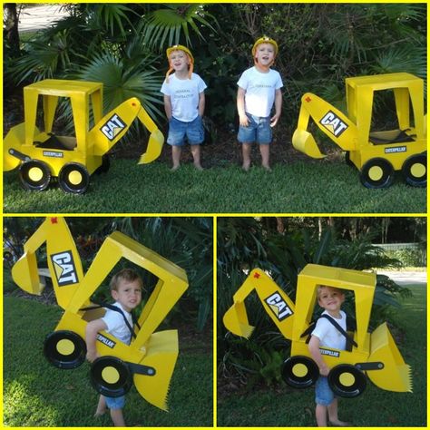 DIY Backhoe loader Halloween costumes for my twins (construction) Backhoe Costume, Excavator Costume, Digger Costume, Olaf Costume, Carton Diy, Construction Trucks, Diy Halloween Costumes For Kids, Costume Tutorial, Construction Birthday Parties