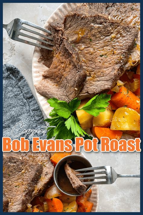 Fork Tender Copycat Bob Evans Pot Roast is a complete meal made in a Dutch oven. This recipe begins on the stovetop and then transfers to the oven with all of the veggies, making its own gravy. It’s the best way to enjoy Sunday supper comfort food anytime! Bob Evans Pot Roast Recipe, Tender Pot Roast, Enjoy Sunday, Leftover Pot Roast, Restaurant Copycat, Heart Recipes, Bob Evans, Copy Cats, Friends Food