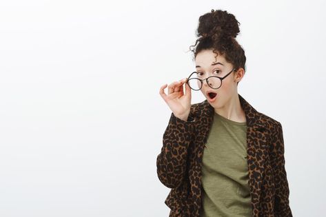 Waist-up shot of impressed surprised cur... | Free Photo #Freepik #freephoto #woman #glasses #person #communication Woman Glasses, Flower Print Blouse, Leopard Coat, Red Knit Sweater, Stylish Couple, Brunette Woman, Brown Tshirt, Stylish Glasses, Redhead Girl