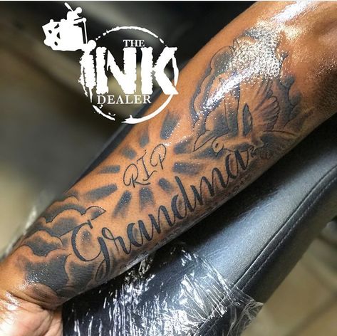 Rip Arm Tattoo Men, Forearm Cloud Tattoos, Putter Arm Tattoos, Rip Tattoos For Men Forearm With Clouds, Rip Granny Tattoo, Rip Brother Tattoos For Men, Rip Grandma Tattoo For Men Forearm, Granny Tattoo Ideas, Name Tattoo For Someone Who Passed