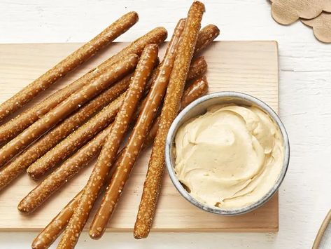 Peanut Butter Cheesecake Pretzel Dip Recipe | Food Network Kitchen | Food Network Pretzel Dip Recipes, Dip Food, Yogurt Pretzels, Peanut Butter Snacks, Peanut Butter Pretzel, Pretzel Dip, Peanut Butter Cheesecake, Food Network Magazine, Cream Cheese Recipes