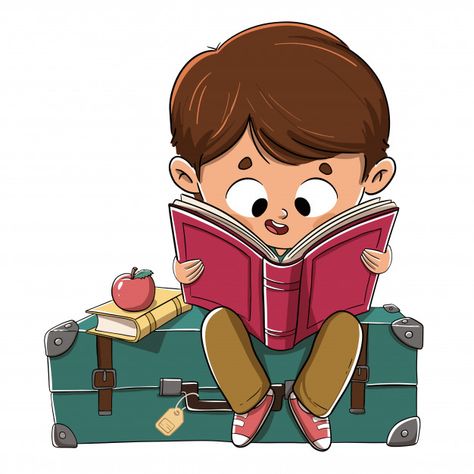 Boy reading a book sitting on a suitcase | Premium Vector #Freepik #vector #school #travel #book #education Creative Writing For Kids, Reading Cartoon, Boy Reading, Kids Cartoon Characters, Kids Reading Books, Boy Illustration, Cartoon Books, Book Drawing, Kids Clipart