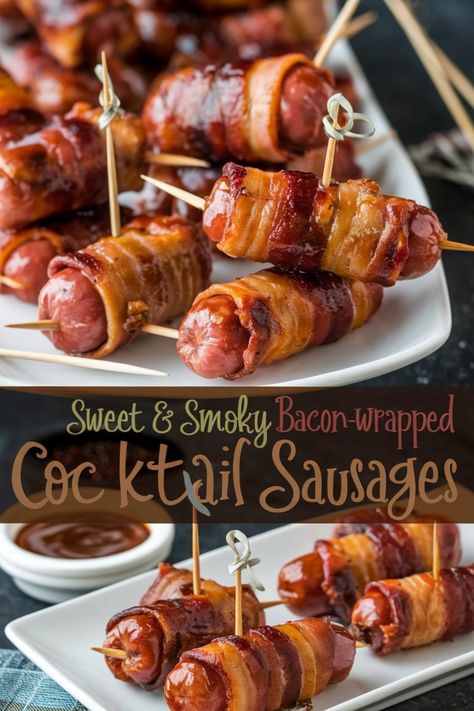 Bacon-wrapped cocktail sausages on a serving platter. Sausage And Bacon Appetizers, Cocktail Weiner Recipes, Sausage Appetizers For Party, Sausage Wraps, Cocktail Sausage Recipes, Barbecue Sausage, Sausages Recipe, Bacon Wrapped Sausages, Cocktail Weenies