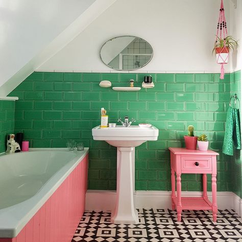 Bright Green Bathroom, Green Metro Tiles, Teal Painted Walls, Bathroom Decor Modern Luxury, Room Black And White, Her Bathroom, Green Tiles, Pattern Tiles, Bathroom Transformation