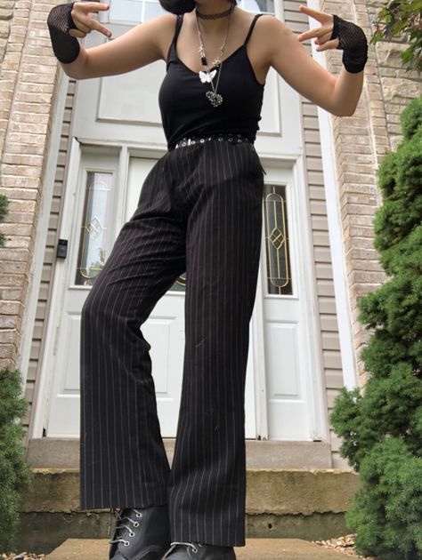 #gothic #fashion #emostyle #pinstripe #gothfashion #gothicfashion #cool #outfit Pinstripe Trousers Outfit Aesthetic, Goth Pants Outfit, Gothic Jumpsuit, Pinstripe Trousers Outfit, Pinstripe Blazer Outfit, Pinstripe Outfit, Pinstripe Pants Outfit, Flowy Pants Outfit, Hoco 2023