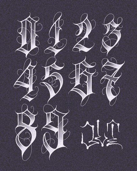 Fonts Design Goth Numbers Font, Numbers In Fonts, Valiant Aesthetic, Numbers Font Design, Letter A Font Design, Number Calligraphy Fonts, Chicano Number Fonts, Gothic Writing Tattoo, Gothic Script Tattoo