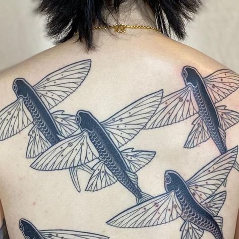 Sun Fish Tattoo, Salt Water Fish Tattoo, School Of Fish Tattoo, Flying Fish Drawing, Flying Fish Tattoo, Flying Fish Art, Fish Tattoo Black, Keys Tattoo, Japanese Fish Tattoo