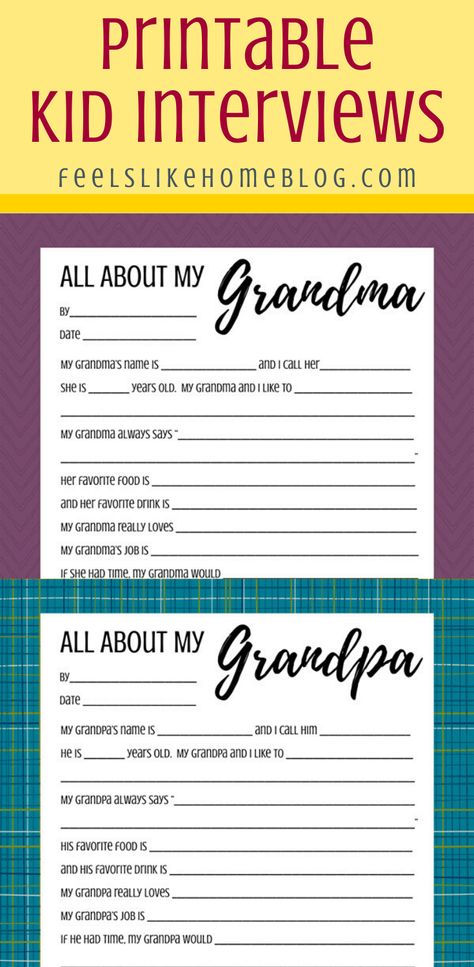 Mother's Day, Father's Day or Grandparents' Day interview questions for kids and teens - This awesome, fun, cute free printable is great for preschool children or older in school or at home. Can be done my mom or dad or a teacher. Great questions to spark conversation with grandsons or granddaughters about Grandpa & Grandma. Interview Questions For Kids, All About My Grandma, Grandparents Day Activities, Questions For Kids, Grandparents Day Crafts, Kids Questions, Things Kids Say, Great Questions, Grandma Names