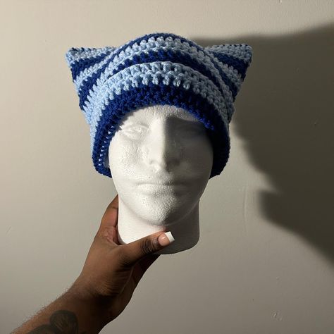 Blue Crochet Hat, Blue Hat Crochet, Blue Crochet Beanie, Casual Blue Crochet Hat, Blue Cat Beanie Crochet, Blue Crochet Winter Hat, Handmade Blue Crochet Beanie Hat, Blue Cat Beanie, Blue Crochet Beanie Hat, One Size Fits Most