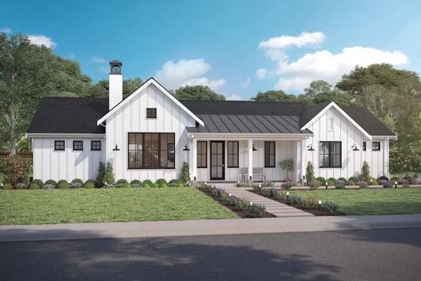 Farmhouse Exterior Bungalow, Slab On Grade House Plans, 1 Story House Exterior, 1 Story Farmhouse Plans, 3 Bedroom Ranch Floor Plans, Farm Bungalow, Ranch Style Bungalow, Modern Farmhouse Exterior One Story, Rancher House Plans