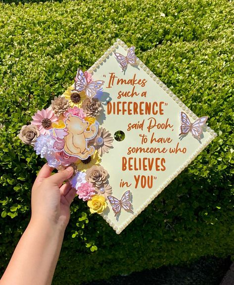 “It makes such a difference said pooh to have someone who believes in you.” 🍯💛🩷 I will forever love a winnie the pooh design 😭 inspiration from my fave 😍 @samssmallgoods Only booking grad caps for May 25th and forward! Book through my website only 🩷 www.advbellearts.com __________ #advbellecaps #gradszn #classof2024 #gradcapdesign #gradcapideas #winniethepooh Grad Cap Winnie The Pooh, Grad Cap Ideas Winnie The Pooh, Pooh Graduation Cap, Winnie The Pooh Graduation Cap, Masters Cap Decoration, Winnie The Pooh Graduation, Pooh Graduation, Winnie The Pooh Design, Graduation Hat Designs