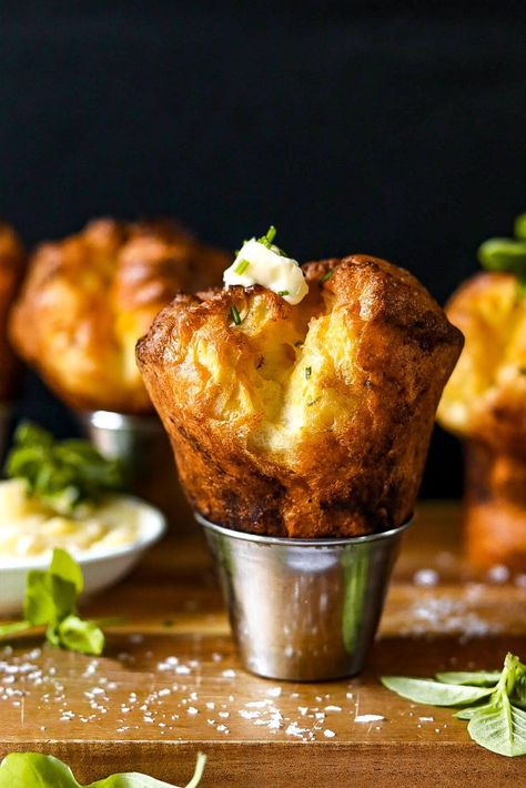 Watch these babies pop in a hot oven! A simple egg-based dough infused with fresh chives and plenty of cheddar poofs up into a treat with a crisp exterior and the softest interior. Cheddar Popovers, Flaky Salt, Easy Eggs, Honey Butter, Fresh Chives, Bread Basket, Dinner Rolls, Few Ingredients, Cheddar Cheese