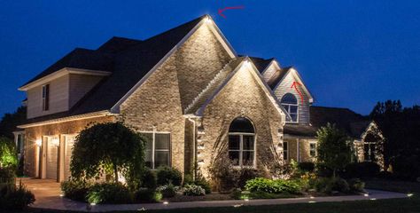 Exterior Lighting On House At Night, Soffit Lighting Exterior, Phillips Hue Lighting, Front Yard Lighting, Outside Lighting Ideas, Outdoor Recessed Lighting, Light Fixtures Ceiling, Entrance Lighting, Exterior Lights