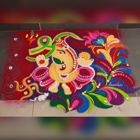 #rangoli  #rangolidesigns  #rangoliart #ganesha #ganeshchaturthi #festival Ganesh Ji Rangoli Designs Diwali, Ganpati Poster Rangoli, Hard Rangoli Designs For Diwali, Ganpati Bappa Rangoli Designs, Scenery Rangoli, Ganapati Rangoli, Krishna Rangoli, Rangoli Painting, Ganpati Rangoli