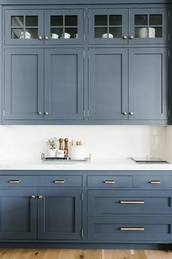 Cabinets: Evening Dove by Benjamin Moore.  New Build – Shop House of Jade Blue Gray Kitchen Cabinets, Grey Blue Kitchen, Blue Kitchen Cabinets, Kabinet Dapur, Blue Cabinets, Grey Kitchen Cabinets, White Countertops, Kitchen Cabinet Colors, Transitional Kitchen