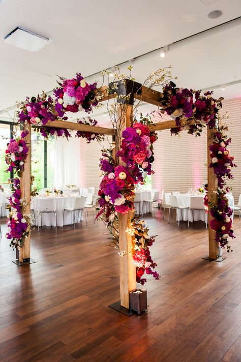 Dramatic Purple Orchid and Rose Mandap Magenta Wedding Backdrop, Orchid Wedding Backdrop, Purple Indian Wedding Decor, Simple Mandap Design, Flower Mandap, Simple Mandap, Indian Wedding Decorations Receptions, Indian Wedding Receptions, Mandap Design