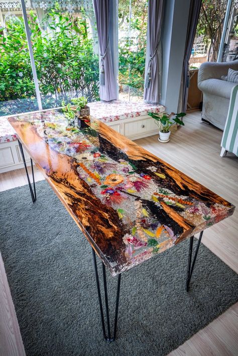 Wood & Floral Art Resin Table Acacia Wood With Botanical Art Resin Inlay 'colossal Bloom' Custom Handcrafted Statement Table - Etsy Epoxy Wood Table Flower, Flowers In Resin Table, Large Resin Projects, Floral Resin Table, Resin Table With Flowers, Resin Tables With Wood, Resin Table Top Diy, Seashell Table, Statement Table