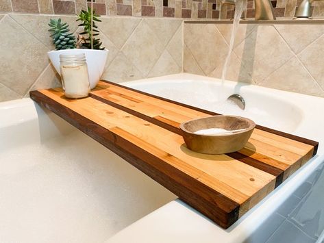 Bathtub Tray Sustainable Wood Planks Bath Caddy Bathroom | Etsy Black Pipe Shelf, Pipe Toilet Paper Holder, Wood Bathtub, Bath Rack, Douglas Fir Wood, Bathtub Tray, Bathtub Remodel, Northern Ontario, Wood Bath