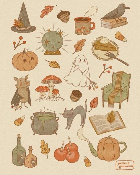 Cozy Autumn Drawing, Cozy Fall Drawings, Fall Cute Illustration, Spooky Cute Illustration, Halowen Drawing, Cute Autumn Doodles, Autumn Cute Drawing, Autumn Aesthetic Illustration, Spooky Season Stickers