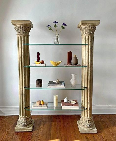 Appartment Decor Ideas, Greek Bedroom, Greek Style Home, Column Decor, Shelf Measurements, Greek Decor, Mediterranean Interior, Mediterranean Style Home, Roman Columns