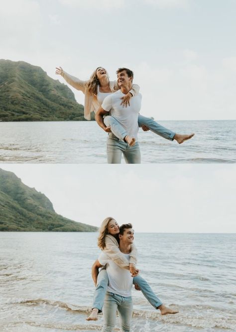 Beachside Photoshoot Ideas, Beachside Couple Photoshoot, Jeans And White Shirt Beach Photoshoot, Beach Prenup Outfit, Maui Couples Photography, Beach Couple Pictures Photography, Hawaii Couples Photoshoot, Hawaii Engagement Pictures, Beach Photography Poses Couples