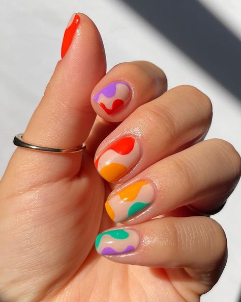 Fun Colorful Nails Short, Colourful Winter Nails, Fun Summer Nails 2024 Almond, Fun Colorful Nails, Summer Short Nails, Nails Inspo Summer, Multicoloured Nails, Nail Poses, 80s Nails