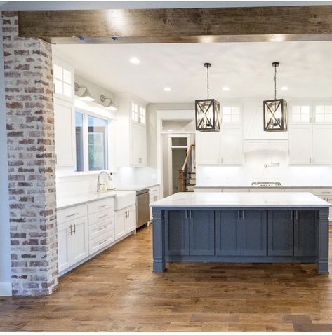 Brick Cased Opening Kitchen, Open Kitchen With Beams, Brick Archway In Kitchen Wood Beams, Acadian Style Homes Interior Decor, Support Columns In Kitchen, Brick Archway In Kitchen, Column In Kitchen, Brick Kitchen Island, Mountain Home Kitchen