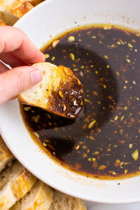 This Garlic Olive Oil Bread Dip will be one of the tastiest and easiest dips to ever cross your palate. A restaurant-style dip made with just 4 simple pantry staples. This balsamic vinegar dipping sauce comes together effortlessly and yet is utterly addicting. It's an irresistible appetizer when served with a loaf of crusty sourdough bread or drizzled on a fresh salad! Vinegar Dipping Sauce, Bread Dipping Sauce, Olive Oil Bread Dip, Oil Bread Dip, Balsamic Vinegarette, Bread Dipping Oil Recipe, Dipping Oil Recipe, Olive Oil Dip For Bread, Italian Recipes Appetizers