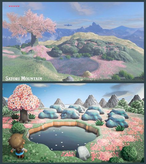 Animal Crossing Designs on Instagram: “🌸Satori Mountian🌸 *both screenshots of my gameplay 🌸 So I try to capture screenshots of my own BOTW gameplay to make these re-creation…” Acnh Zelda, Animal Crossing Designs, Island Ideas, Island Design, Breath Of The Wild, I Try, Animal Crossing, I Tried, Zelda