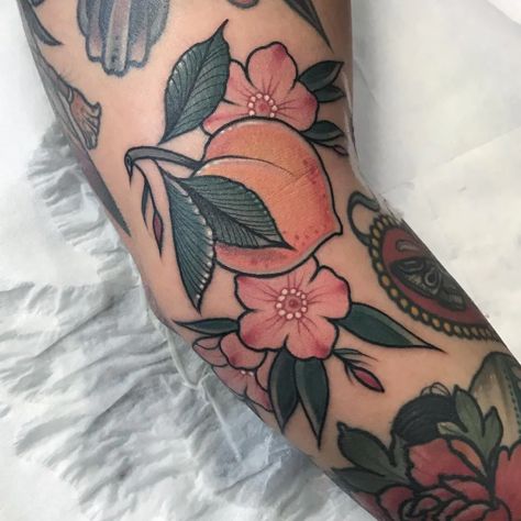 Tattoo uploaded by Tattoodo | Delicate ... Peach Tattoo, Fruit Tattoo, Muster Tattoos, Theme Tattoo, Traditional Tattoo Art, Leg Sleeve, Body Modification, Tattoo Love, Traditional Tattoos