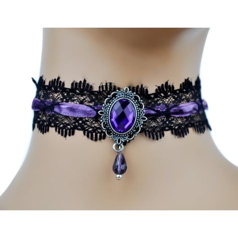 Dysfunctional Doll Purple Stone & Black Victorian Lace Choker with Velvet Ribbon : Chokers Lace Choker Necklace, Gothic Chokers, Lace Choker, Goth Jewelry, Victorian Lace, Purple Jewelry, Velvet Choker, Choker Collar, Purple Stones