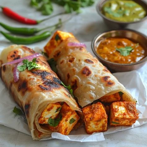 Kathi Roll Photography, Paneer Wrap, Soft Roti, Kathi Roll Recipe, Roti Indian, Peas Pulao Recipe, Street Food Indian, Paneer Kathi Roll, Kathi Roll