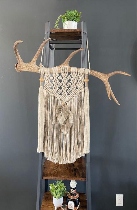 Wall Weaving, Wall Macrame, Antler Wall, Elk Antler, Macrame Knots Pattern, Elk Antlers, Linen Color, Macrame Knots, Jute Twine