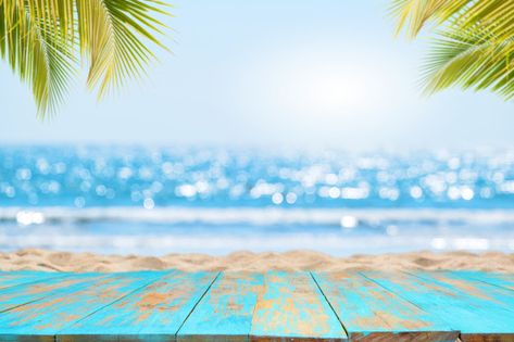 Top of wood table with seascape and palm... | Free Photo #Freepik #freephoto #freetravel #freewater #freewood #freesummer Watercolor Design Backgrounds, Tropical Beach Background, Vacation Background, Key West Sunset, Beautiful Summer Wallpaper, Surf Vintage, Calm Sea, Sea Sand, Bokeh Lights