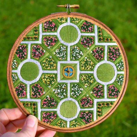 Aerial Views Landscape, Circle Embroidery, Embroidery Workshop, Geometric Rose, Crop Circle, Arts Crafts Style, Art Embroidery, Thread Painting, A Penny