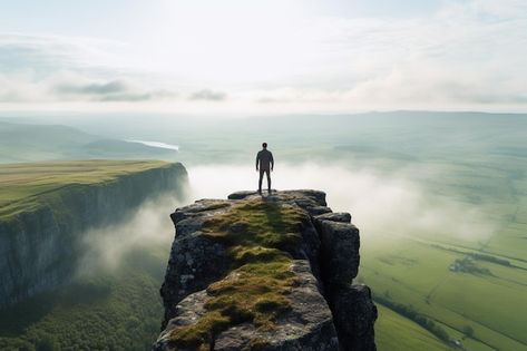 A person standing at the edge of a cliff looking out into a vast landscape mental health Person Standing On Cliff, Cliff Reference, A Person Standing, Edge Of A Cliff, Person Silhouette, Vast Landscape, Free Business Card Mockup, Vector Background Pattern, Above The Clouds