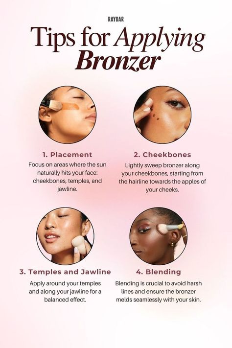 Apply bronzer to cheekbones, temples, jawline for a sun-kissed look. Learn more by clicking the link! Apply Bronzer, How To Apply Bronzer, Sun Kissed, Bronzer, Focus On, Makeup Artist, How To Apply, Skin, Makeup