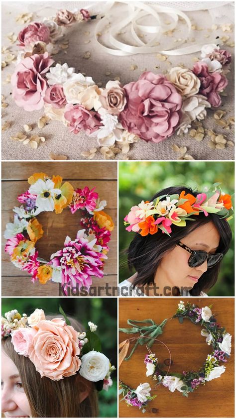 DIY Flower Crown Ideas Diy Flower Crown Party, Artificial Flower Crown Diy, How To Make A Flower Crown With Fake Flowers, Flower Crown Instructions, Flower Crown Ideas, Diy Floral Crown Fake Flowers, Flower Crown Tutorial, Paper Flower Crown, Silk Flower Crown