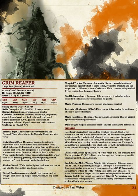 Dnd Grim Reaper, Halloween Dnd Monsters, Halloween Dnd Ideas, Dnd Reaper, Halloween Dnd, Homebrew Monsters, D&d Online, Monster Manual, Dnd Stats