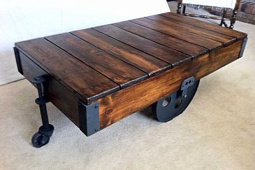 DIY Factory Cart Coffee Table :: Hometalk Diy Farmhouse Coffee Table, Build A Coffee Table, Diy Industrial Furniture, Coffee Table Inspiration, Cart Coffee Table, Table With Wheels, Old Coffee Tables, Industrial Coffee, Industrial Coffee Table